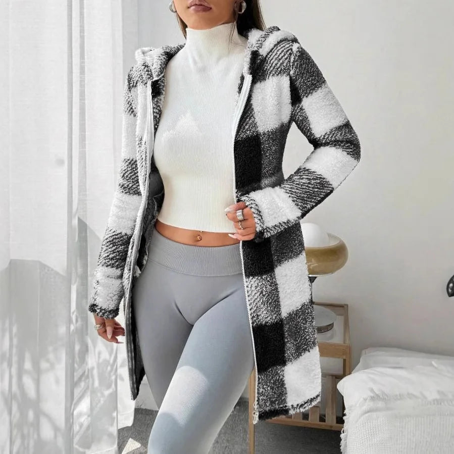 Women's winter coats, warm and soft winter cloak with pockets, women's plaid cardigan with hood