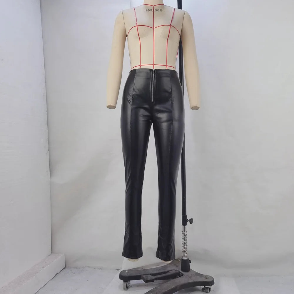 Women's high-waisted faux leather pencil trousers
