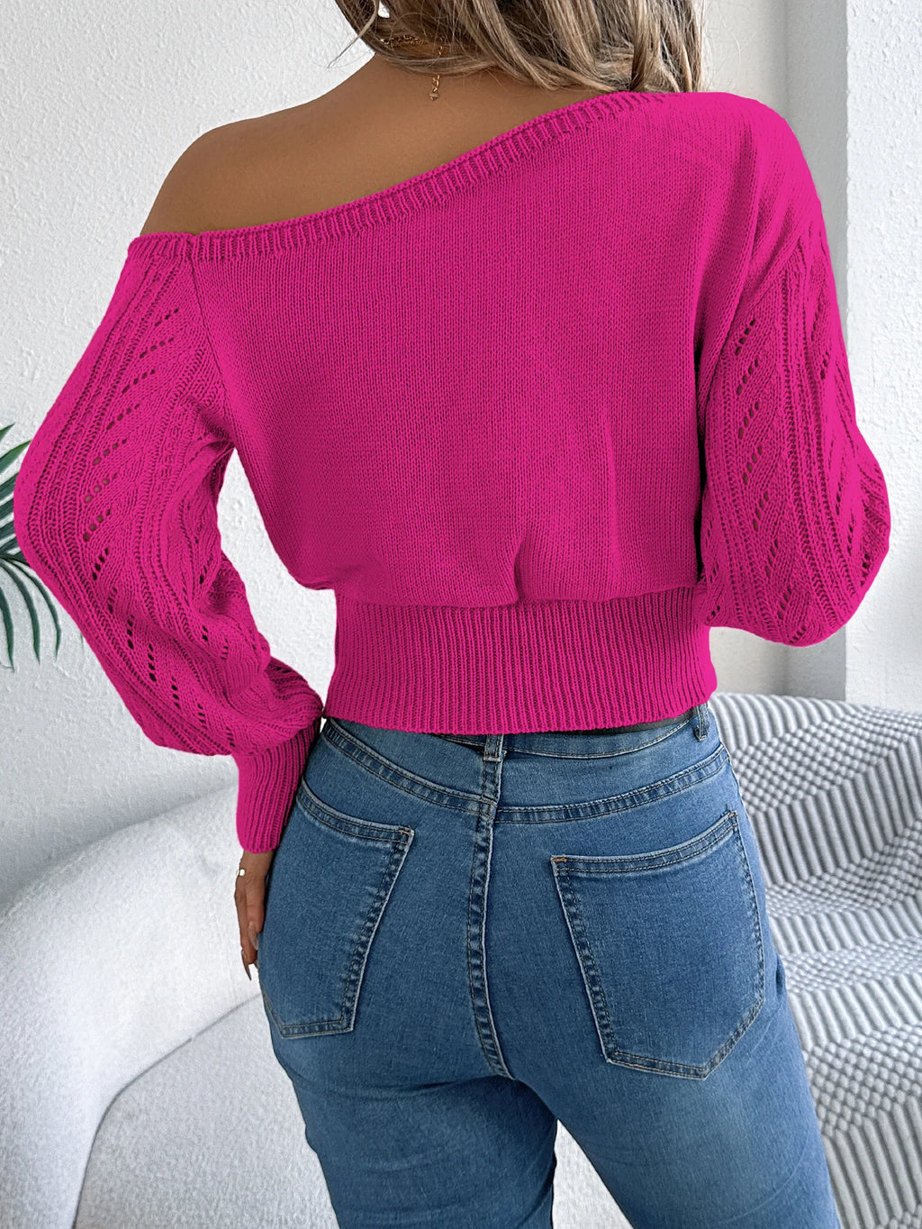 Elegant women's casual long-sleeved sweater with off-the-shoulder neckline