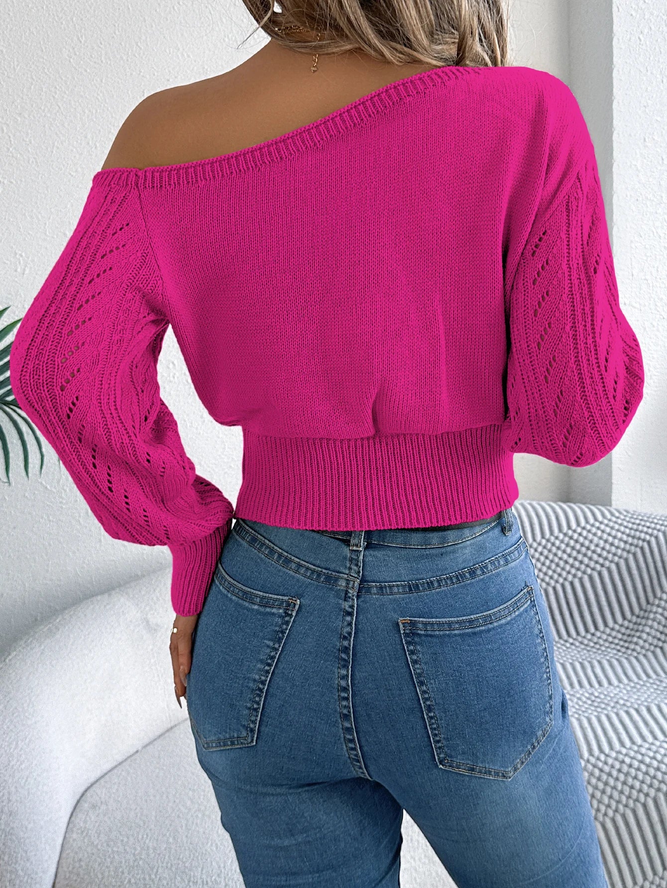 Elegant women's casual long-sleeved sweater with off-the-shoulder neckline