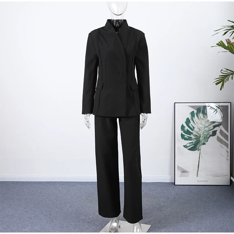 Classic women's outfit with blazer and trousers