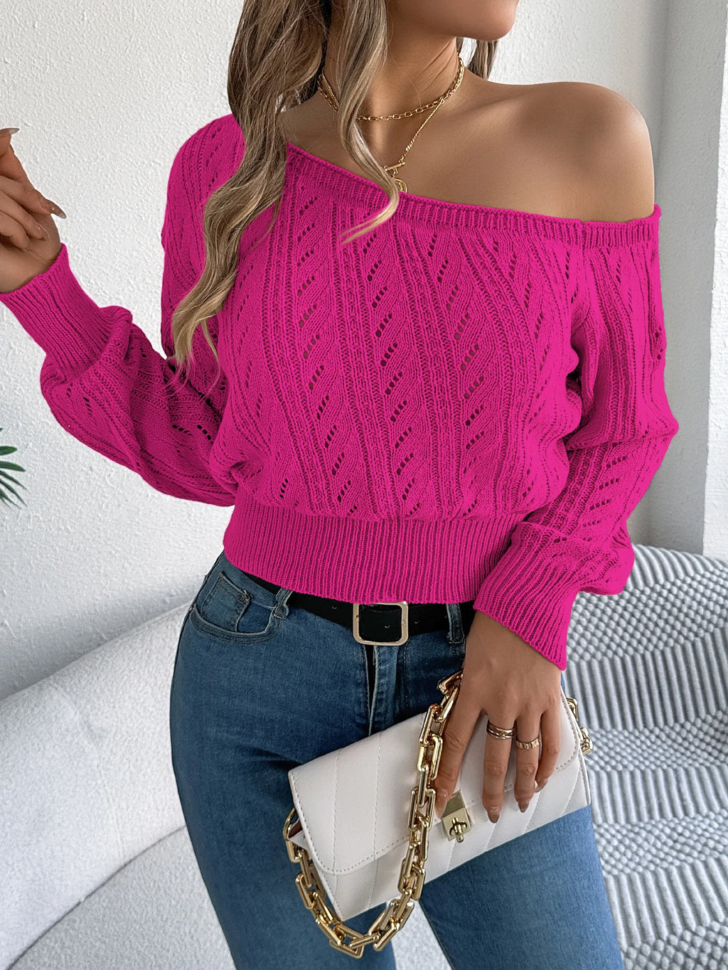 Elegant women's casual long-sleeved sweater with off-the-shoulder neckline