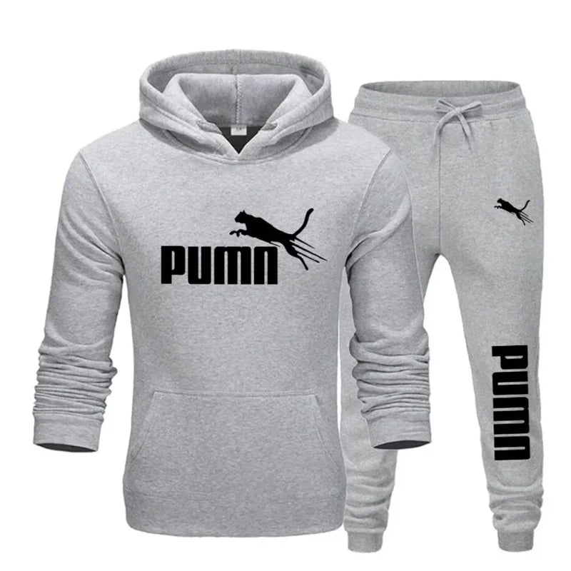 Men's tracksuit set consisting of a hooded sweatshirt and pants.