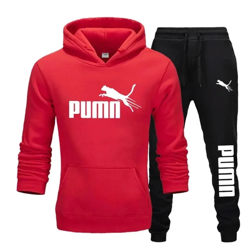 Men's tracksuit set consisting of a hooded sweatshirt and pants.