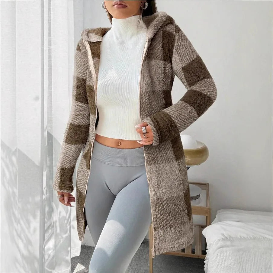 Women's winter coats, warm and soft winter cloak with pockets, women's plaid cardigan with hood