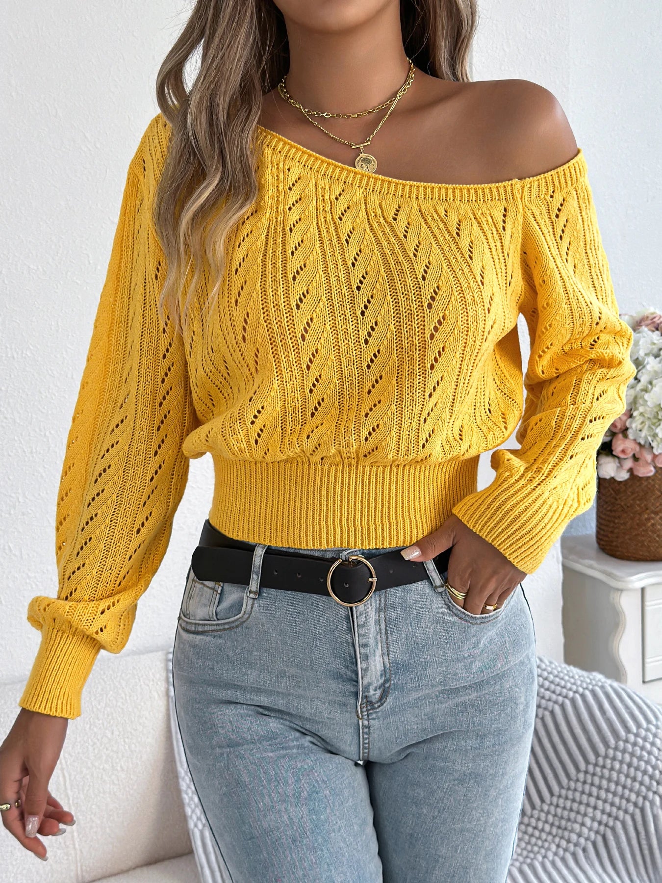 Elegant women's casual long-sleeved sweater with off-the-shoulder neckline