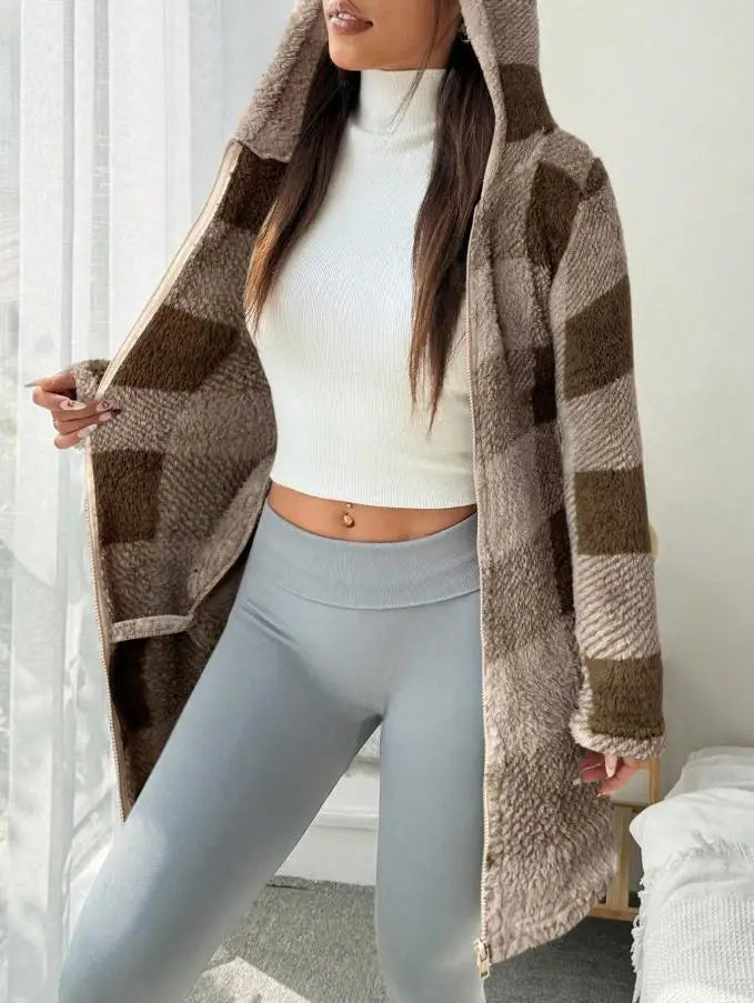 Women's winter coats, warm and soft winter cloak with pockets, women's plaid cardigan with hood