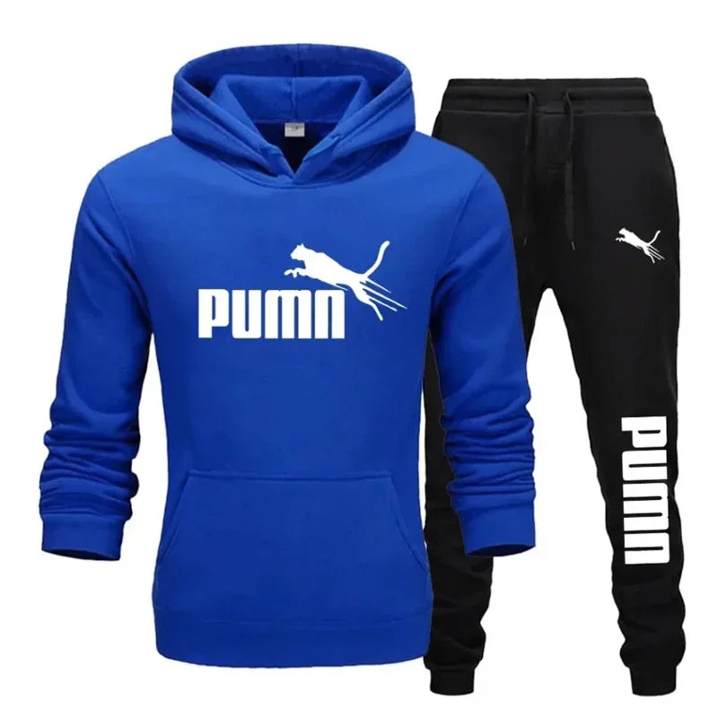 Men's tracksuit set consisting of a hooded sweatshirt and pants.