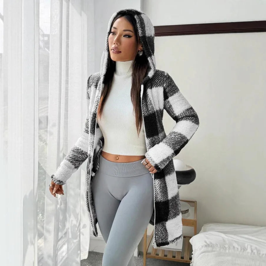 Women's winter coats, warm and soft winter cloak with pockets, women's plaid cardigan with hood