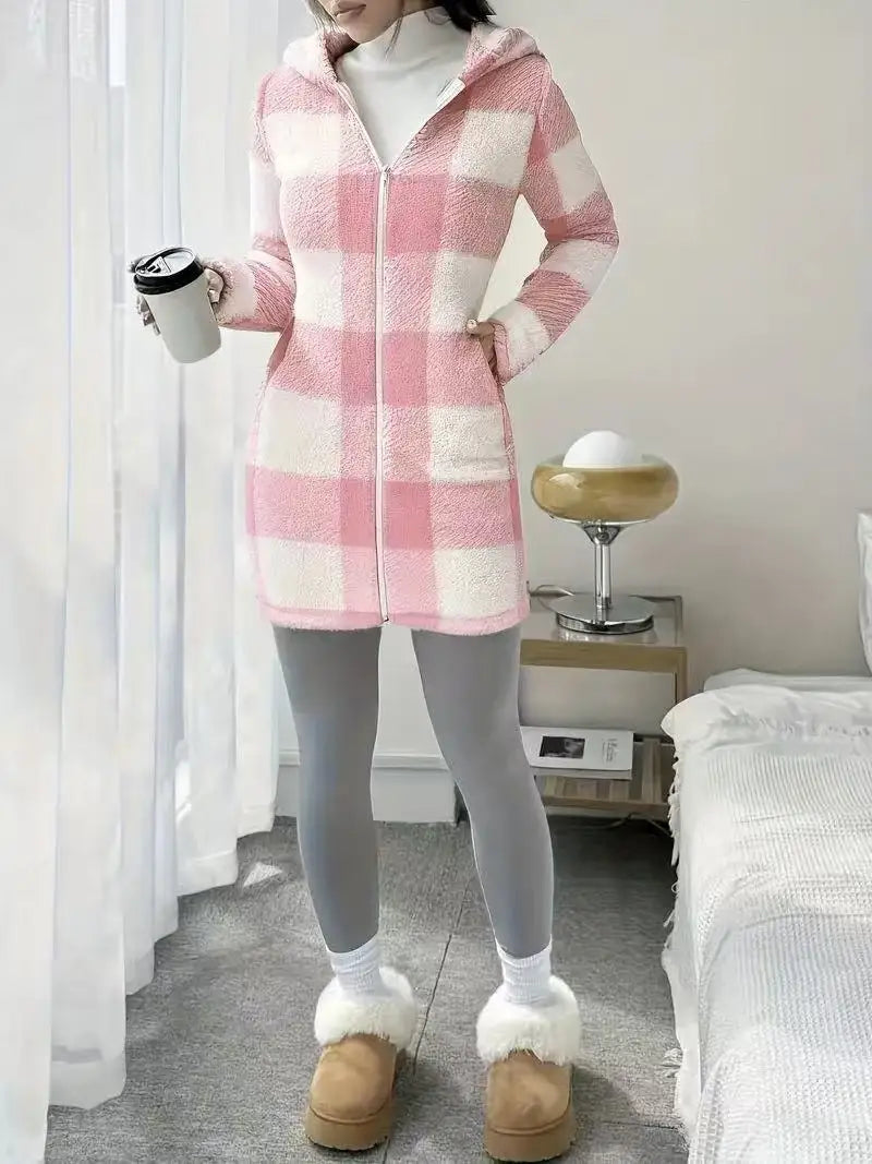 Women's winter coats, warm and soft winter cloak with pockets, women's plaid cardigan with hood