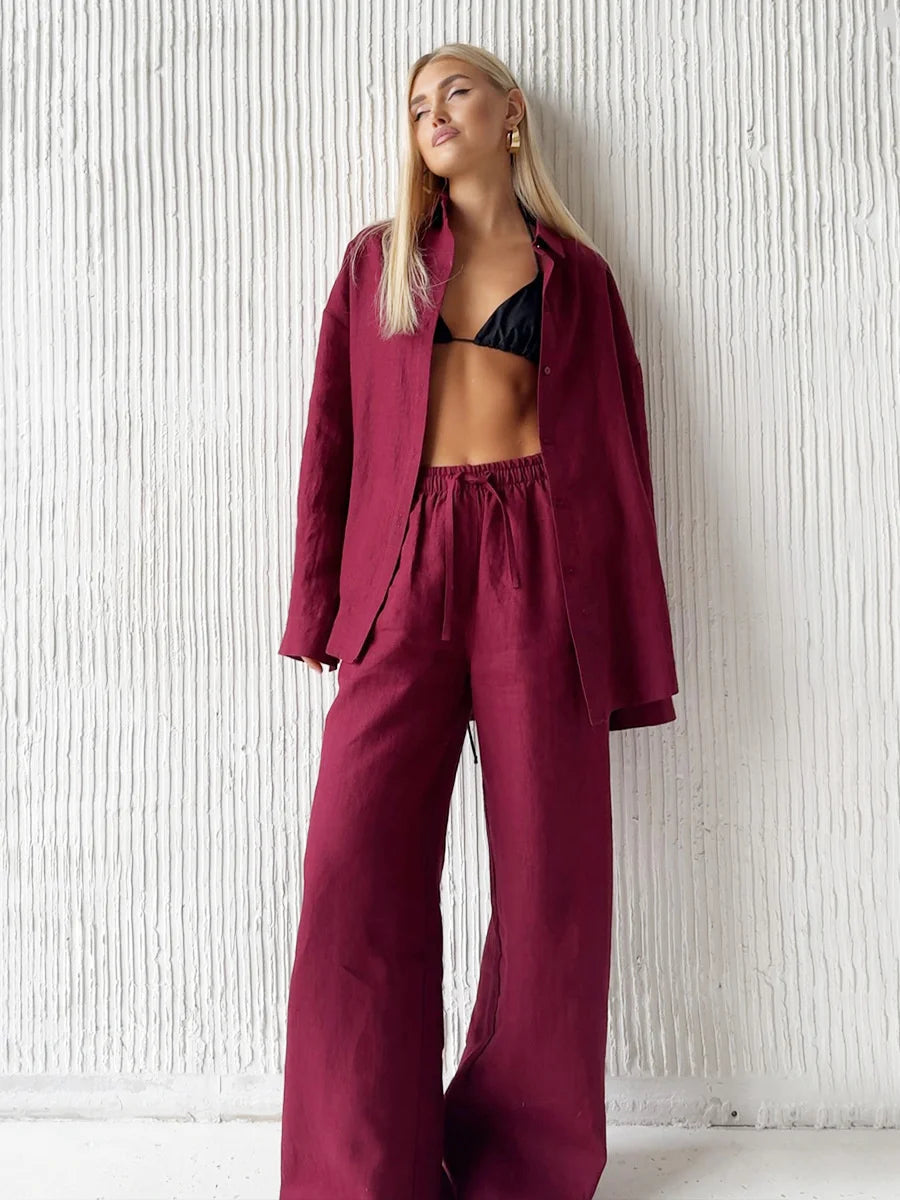 Women's casual and comfortable outfit with pink blouse and pants with lapel