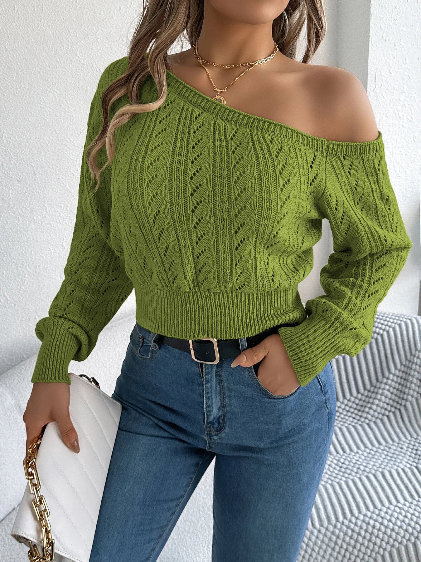 Elegant women's casual long-sleeved sweater with off-the-shoulder neckline