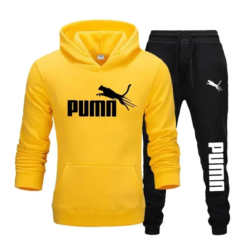 Men's tracksuit set consisting of a hooded sweatshirt and pants.